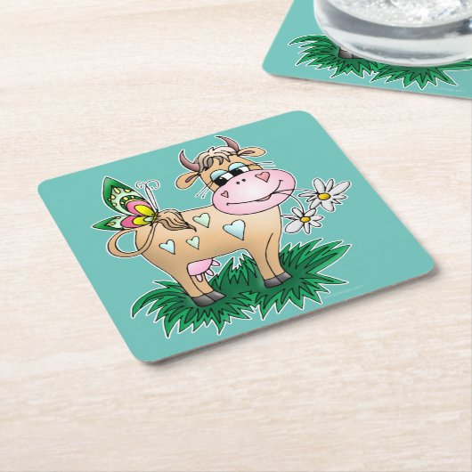 かわいい牛及び蝶 スクエアペーパーコースター (アングル)