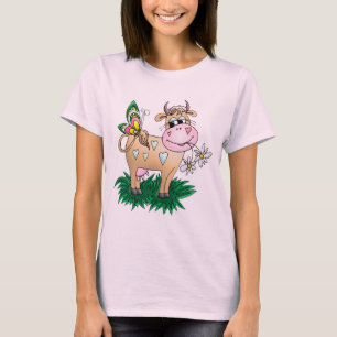 かわいい牛及び蝶 Tシャツ