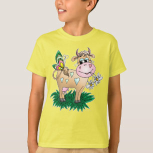 かわいい牛及び蝶 Tシャツ