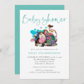 かわいい牛眠り男女兼用ティール(緑がかった色)ベビーシャワー 招待状 (正面/裏面)