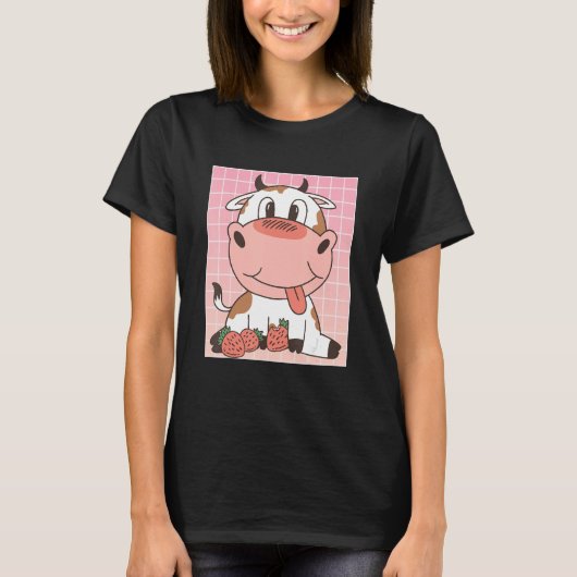 かわいい牛食べのイチゴ Tシャツ (正面)