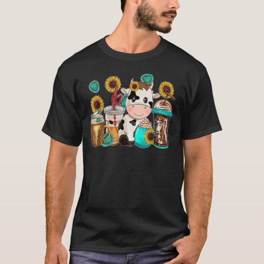 かわいい牛 ウエスタンカウハイド コーヒーカップ ひまわり アニ Tシャツ (正面)