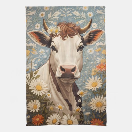 かわいい牛(デイジー花) キッチンタオル (縦)