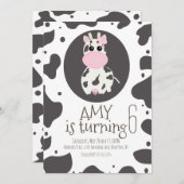 かわいい牛 ピンクの蝶ネクタイ 誕生日パーティー 招待状 (正面/裏面)