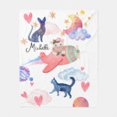 かわいい牛+宇宙+猫+月の幻想的なデザイン フリースブランケット (正面)