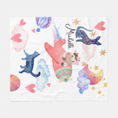 かわいい牛+宇宙+猫+月の幻想的なデザイン フリースブランケット (正面(横))