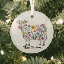 かわいい牛、水色ワイルドフラワー、国、フローラ