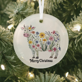 かわいい牛、水色ワイルドフラワー、国、フローラ ガラスオーナメント