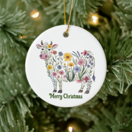 かわいい牛、水色ワイルドフラワー、国、フローラ セラミックオーナメント