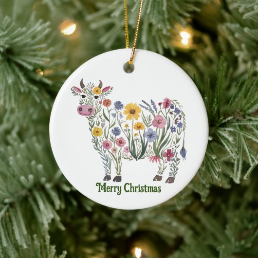 かわいい牛、水色ワイルドフラワー、国、フローラ セラミックオーナメント (ツリー)