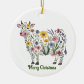 かわいい牛、水色ワイルドフラワー、国、フローラ セラミックオーナメント (正面)