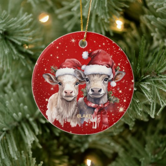 かわいい牛 – & 生まれたばかりのキッズパーソナライズされたクリスマス セラミックオーナメント (ツリー)