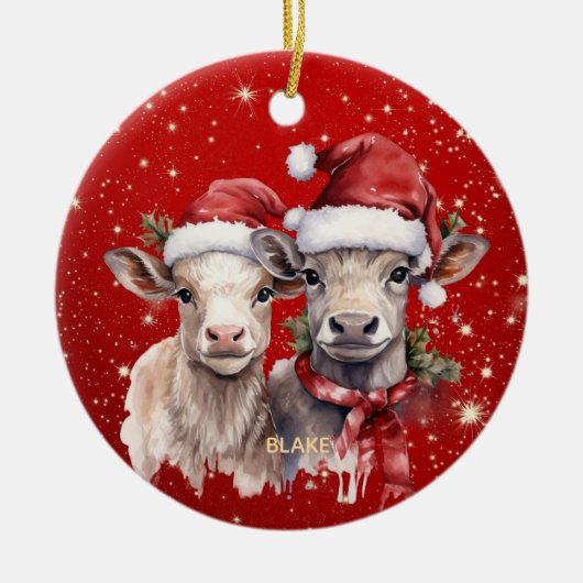 かわいい牛 – & 生まれたばかりのキッズパーソナライズされたクリスマス セラミックオーナメント (正面)