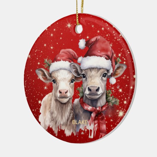 かわいい牛 – & 生まれたばかりのキッズパーソナライズされたクリスマス セラミックオーナメント (左)