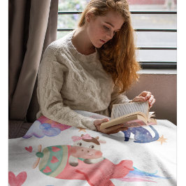 かわいい牛、飛行機、猫、月、お洒落水色 フリースブランケット