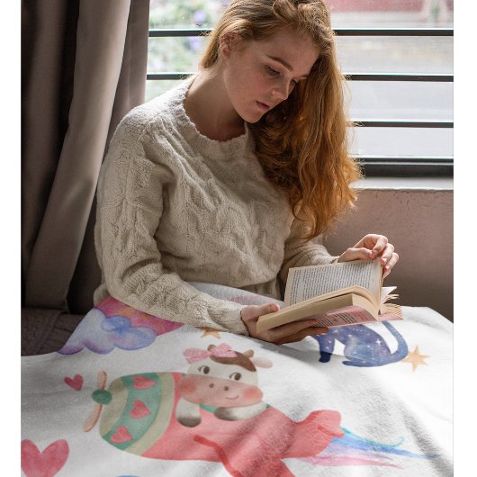 かわいい牛、飛行機、猫、月、お洒落水色 フリースブランケット