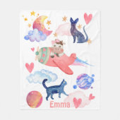 かわいい牛、飛行機、猫、月、お洒落水色 フリースブランケット (正面)