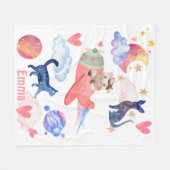 かわいい牛、飛行機、猫、月、お洒落水色 フリースブランケット (正面(横))