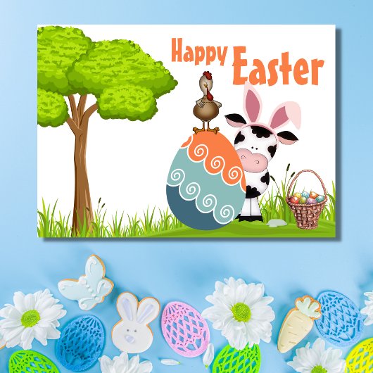 かわいい牛、鶏と卵のカラフル農場イースター カード