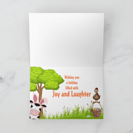 かわいい牛、鶏と卵のカラフル農場イースター カード (内部)