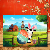 かわいい牛、鶏と卵のカラフル農場イースター シーズンカード