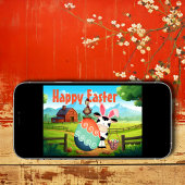 かわいい牛、鶏と卵のカラフル農場イースター シーズンカード