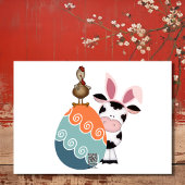 かわいい牛、鶏と卵のカラフル農場イースター シーズンカード