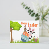 かわいい牛、鶏と卵のカラフル農場イースター シーズンポストカード (スタンド正面)