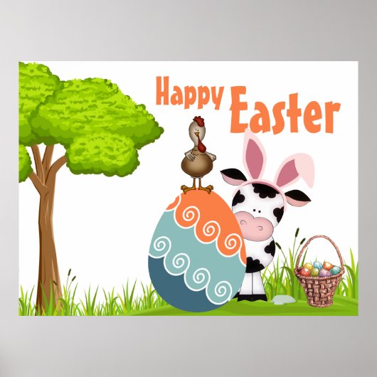 かわいい牛、鶏と卵のカラフル農場イースター ポスター (正面)