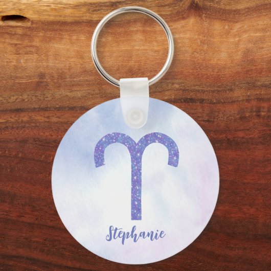 かわいい牡羊座の星占いサインパーソナライズされたパープル キーホルダー (裏面)