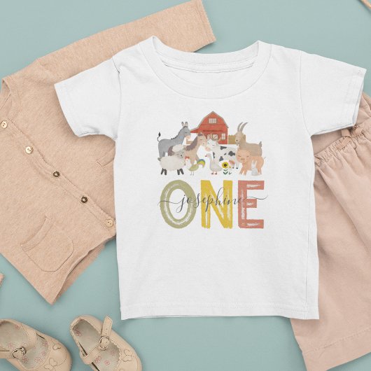 かわいい牧場のファーストバースデー ベビーTシャツ