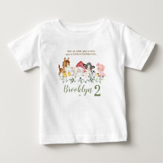 かわいい牧場の動物たち 2歳 3歳 誕生日衣装 ベビーTシャツ (正面)