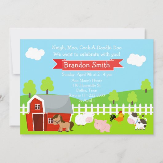 かわいい牧場ユニセックス動物の誕生会 招待状 (正面)