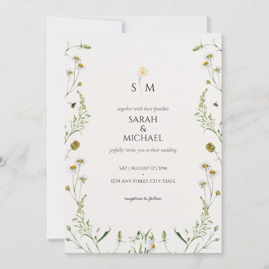 かわいい牧草地の野生の花はカモミール結婚の 招待状 (正面)