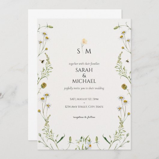 かわいい牧草地の野生の花はカモミール結婚の 招待状 (正面/裏面)