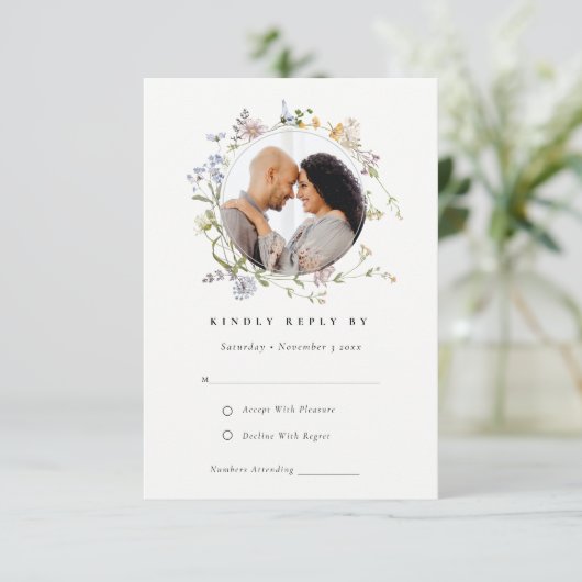 かわいい牧草地フローラリースフォトウェディングRSVP エンクロージャーカード (スタンド正面)