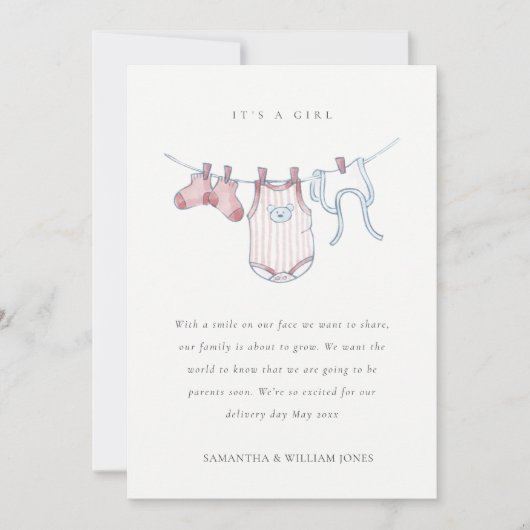 かわいい物干しピンク赤面女の子ベビー発表 サンキューカード (正面)