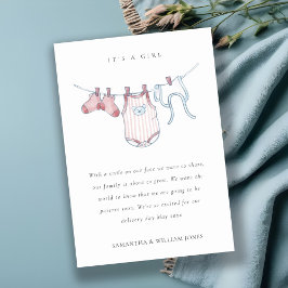 かわいい物干しピンク赤面女の子ベビー発表 サンキューカード