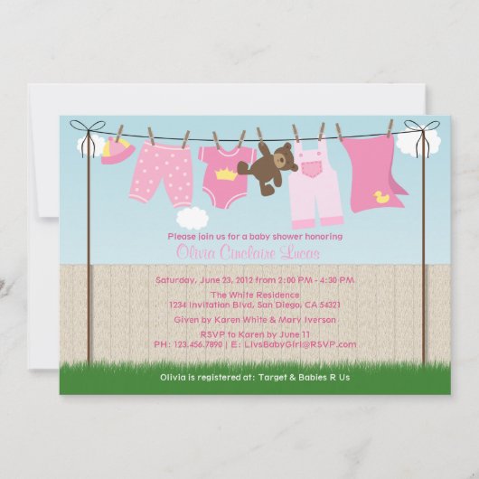 かわいい物干しベビーガールモダンベビーシャワー 招待状 (正面)