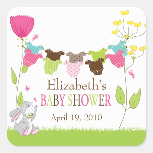 かわいい物干しベビーガール赤ちゃんシャワーシール スクエアシール (正面)