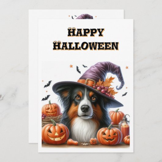 かわいい犬からのハッピーハロウィン フラットホリデーカード シーズンカード (正面/裏面)