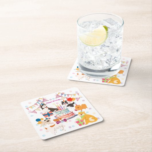 かわいい犬がいっぱい♡ピンクのバースデーパーティー スクエアペーパーコースター (インサイチュ)