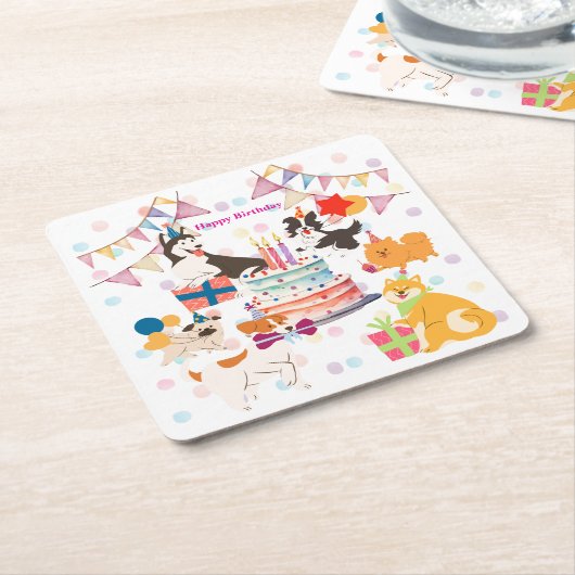 かわいい犬がいっぱい♡ピンクのバースデーパーティー  スクエアペーパーコースター (アングル)