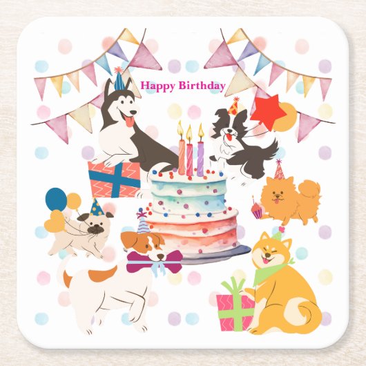 かわいい犬がいっぱい♡ピンクのバースデーパーティー  スクエアペーパーコースター (正面)