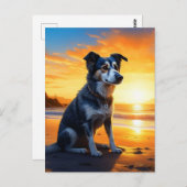 かわいい犬が夕焼けのビーチで挨 ポストカード (正面/裏面)
