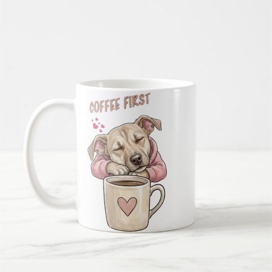かわいい犬が平和に眠っている コーヒーマグカップ (左)