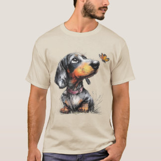 かわいい犬が蝶を見つめている Tシャツ