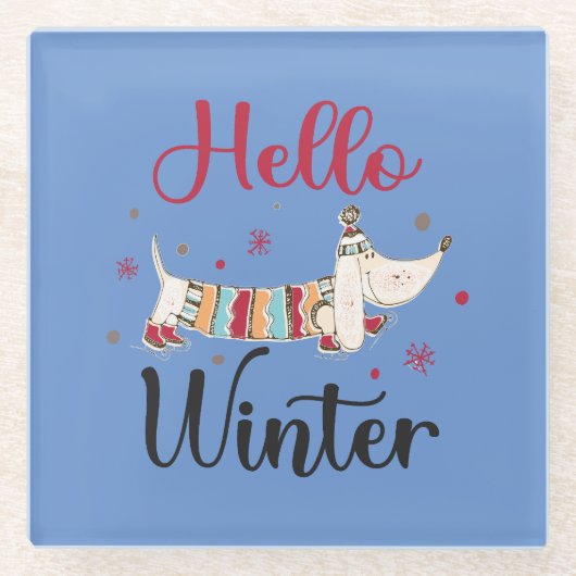 かわいい犬こんにちは冬 ガラスコースター (正面)
