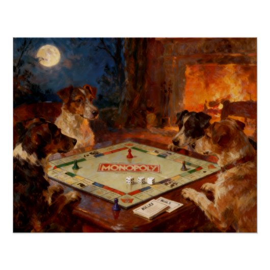 かわいい犬たちがボードゲームで遊んでいる  ポスター (正面)