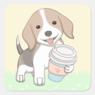 かわいい犬とカップイラストレーションアート スクエアシール